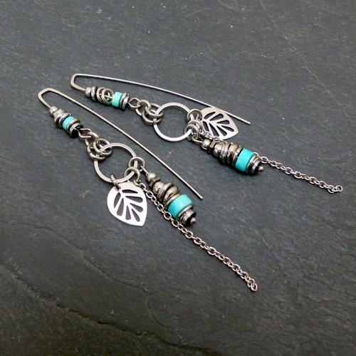 Boucles d'oreilles grands crochets minimaliste, feuille, jaspe impérial bleu, pierre naturelles et acier inoxydable