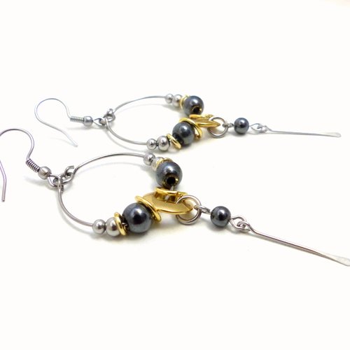 Boucles d'oreilles longues couleur or/argent en hématite et acier inoxydable (bo60)