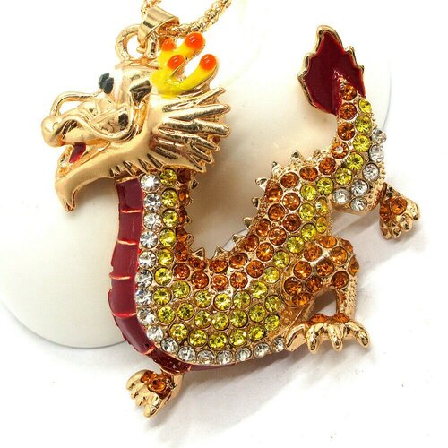 Pendentif dragon articulé, dragon doré strass, dragon doré articulé, dragon strass, dragon chinois, dragon féerique, dragon doré, dragon,