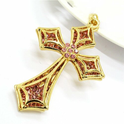 Pendentif double croix, pendentif religieux, pendentif croix strass, pendentif doré strass,, croix gothique dorée, croix religieux stylisée