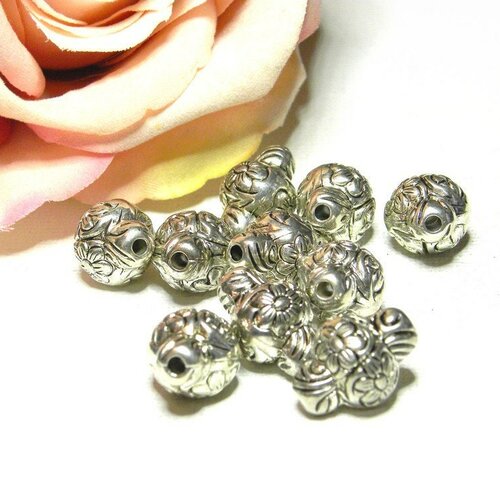 Lot perle acrylique ovale, perle acrylique fleurie, perle ovale argentée, perle fleuri acrylique, perle ovale, perle acrylique, perle rondes