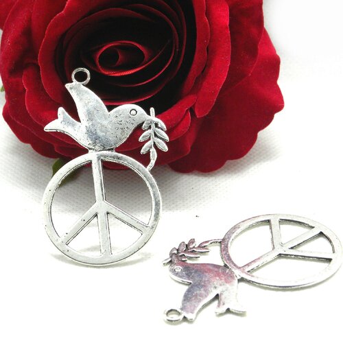 Pendentif peace&amp;love hirondelle, peace n love, hippie bohème, pendentif peace, pendentif hippie,  60x45 mm environ argent tibétain