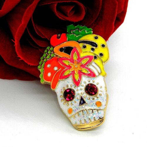 Pendentif tête de mort, pendentif broche calaveras, pendentif crâne mexicain, tête de mort mexicaine, calaveras doré émaillée, crâne stylisé
