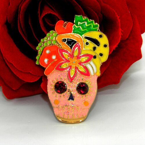 Pendentif tête de mort, pendentif crâne calaveras, pendentif crâne mexicain, tête de mort mexicaine, calaveras doré émaillée, crâne stylisé,
