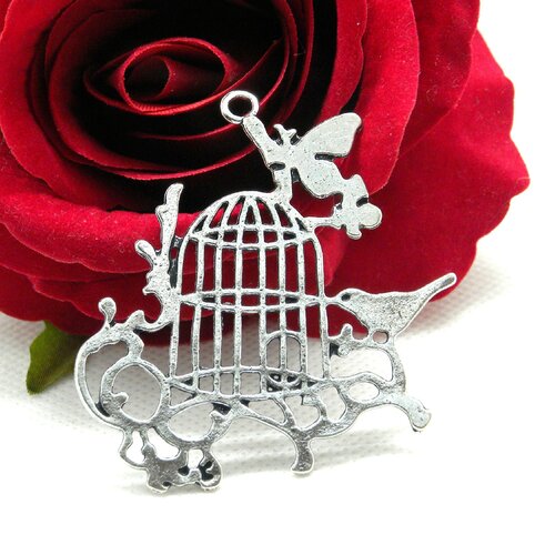 Pendentif cage oiseaux, cage en argent, pendentif cage baroque, pendentif oiseau argent, cage bronze, pendentif cage, cage oiseaux, cage
