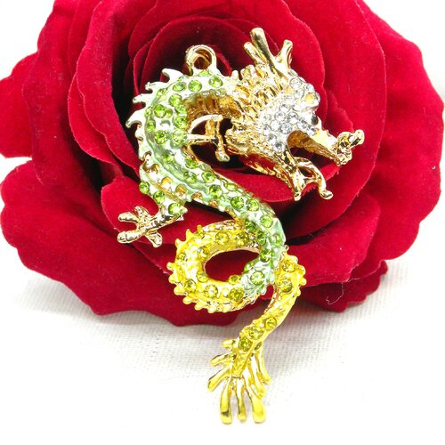 Gros pendentif dragon strass doré, pendentif dragon symbole asiatique,