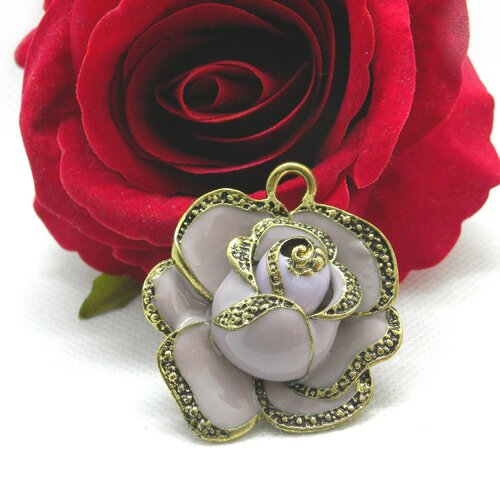 Pendentif fleur émaillé, rose fleur mauve, pendentif fleur bronze, pendentif bronze émaillé, pendentif bronze, pendentif fleur, rose fleur,