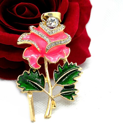 Pendentif fleur rose, pendentif fleur émaillé, pendentif émaillé strass, pendentif émaillé, pendentif fleur, pendentif bouquet, fleur rose,