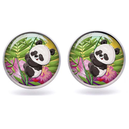Boucle d’oreilles panda, puce d'oreille panda, boucle d'oreille cabochon verre 12 mm