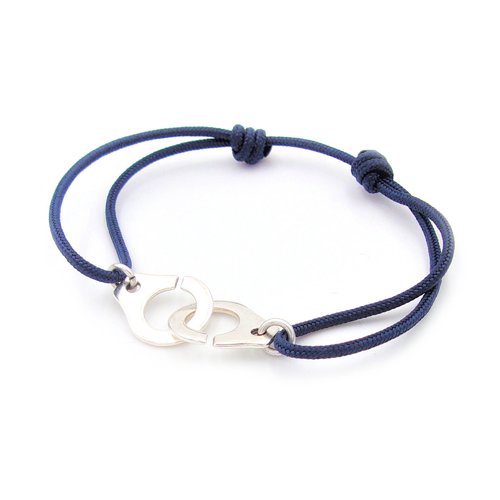 Bracelet cordon bleu marine menotte argenté