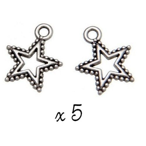 Breloque étoile argenté, lot de 5, pendentif métal (445)