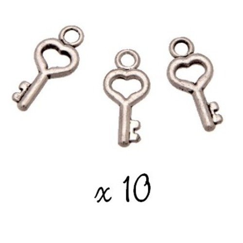 Breloque clé - clef argenté, lot de 10, pendentif argenté (813)