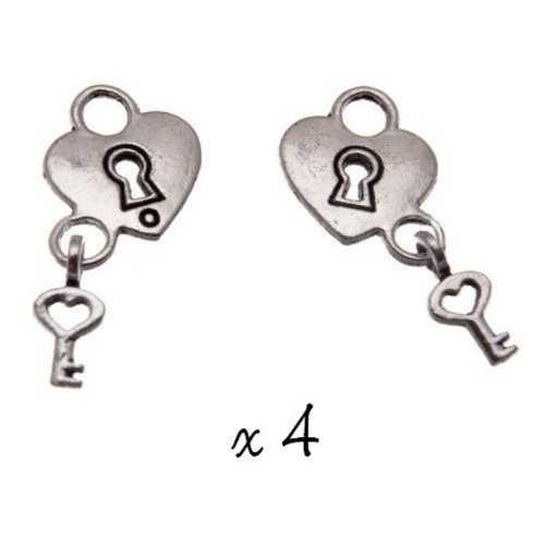Breloques coeur cadenas et clé argenté, lot de 4, pendentif argenté (259)