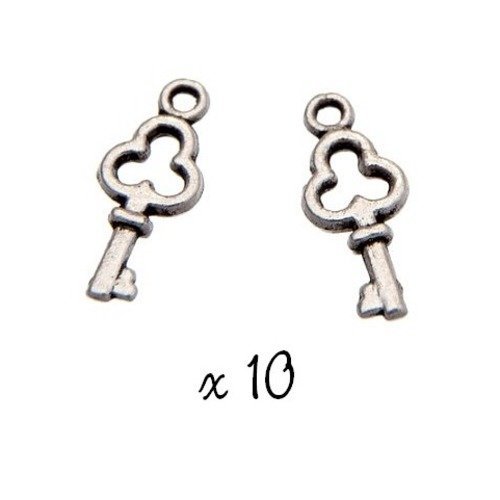 Breloque clé - clef argenté, lot de 10, pendentif métal (814)
