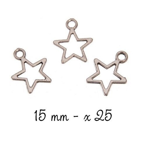 Breloque étoile argenté, lot de 25, pendentif, métal (818)