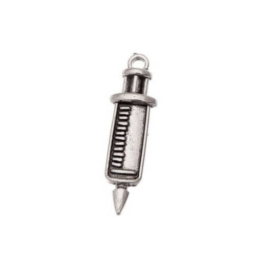 Breloque seringue infirmière, 30x9 mm, métal argenté, lot de 4 (819)