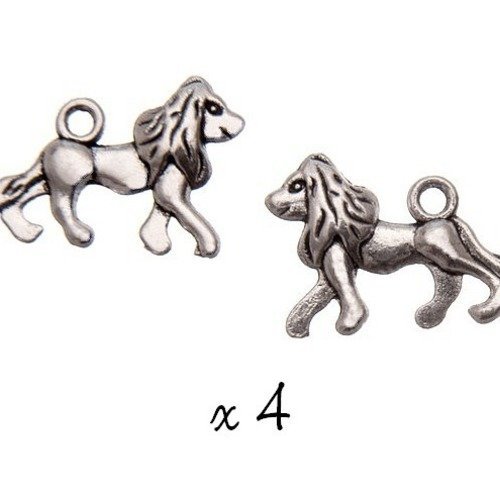 Breloque lion 3d argenté, lot de 4, pendentif métal (135)