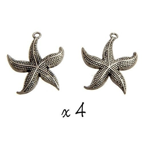 Breloque étoile de mer argenté, lot de 4, pendentif métal (116)