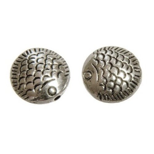Perle métal ronde, argenté, lot de 2, motif poisson (cap137)