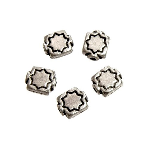 Perle métal, motif étoile, carré, 7 x 8 mm, métal argenté, lot de 10 (pm138)