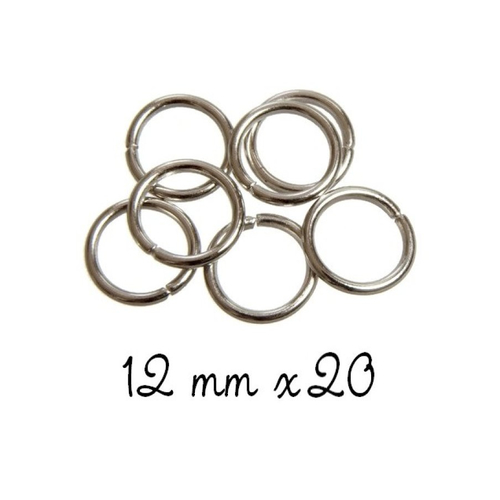 20 anneaux de jonction ronds ouverts 12 mm, épaisseur 1,2 mm, métal argenté