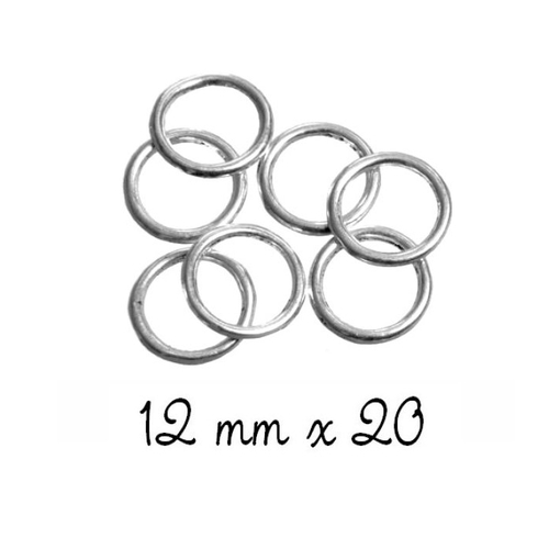 20 anneaux de jonction ronds fermés 12 mm, épaisseur 1 mm, métal argenté clair