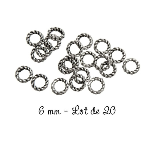 20 anneaux fermés torsadés 6 mm - métal argenté