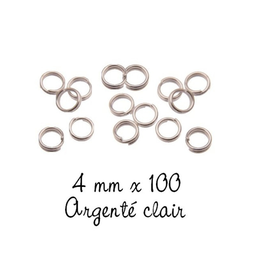 100 anneaux doubles 4mm métal argenté clair 