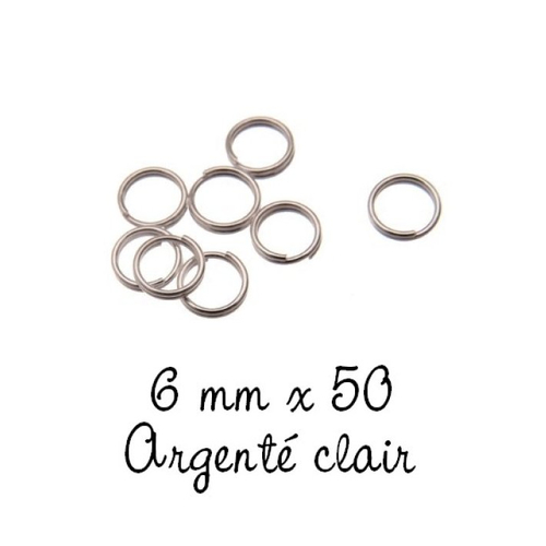 50 anneaux doubles 6mm métal argenté clair 