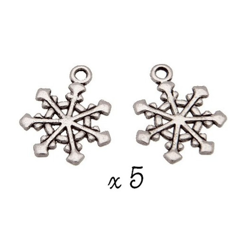 Breloque flocon de neige, lot de 5, pendentif métal argenté (886)