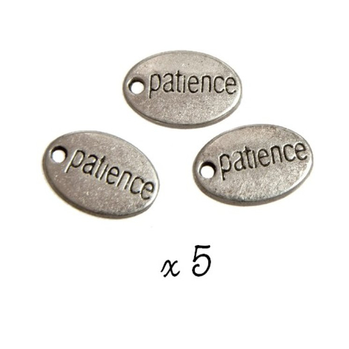 Breloque ovale mot patience, lot de 5, pendentif métal argenté (888)