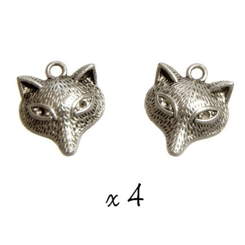 Breloque loup, lot de 4, pendentif métal argenté (891)