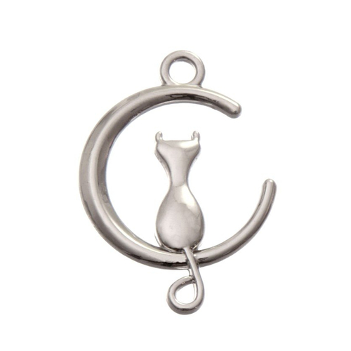 Breloque connecteur chat sur croissant de lune, métal argenté, vendu à l'unité (893)