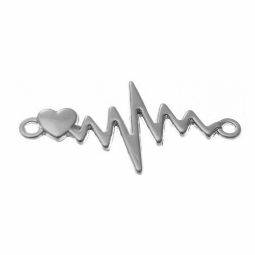 Connecteur coeur rythme cardiaque, 31x17 mm, métal argenté, vendu à l'unité (c212)