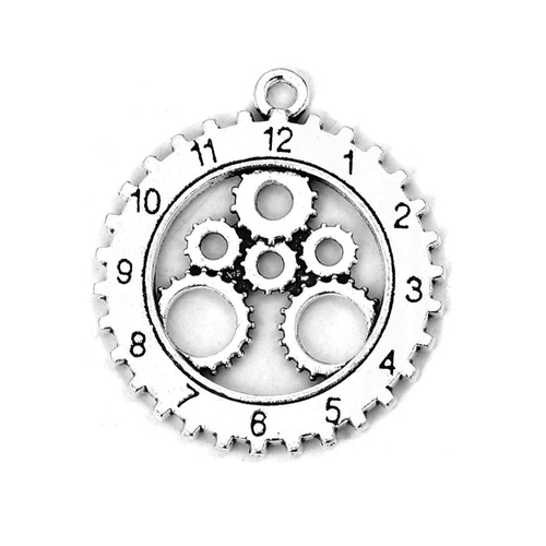 Breloque ronde dentelée, montre,roue,horloge, 28x25  mm, métal argenté, vendu à l'unité (911)