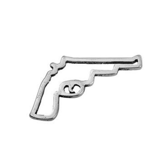 Breloque pistolet revolver silhouette, 24x16 mm, métal argenté, vendu à l'unité (919)
