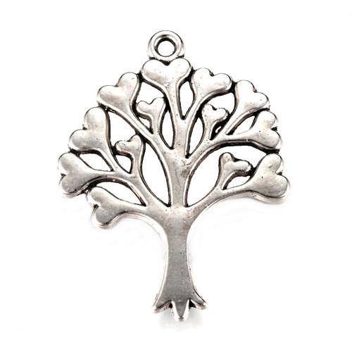 Breloque arbre branche coeur, 33x25 mm, métal argenté, vendu à l'unité (1018)