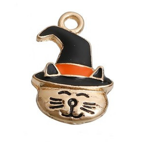 Breloque chat chapeau halloween, 24x15 mm, métal doré, vendu à l'unité (1047)