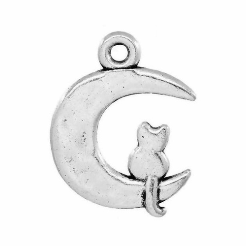Breloque chat sur la lune, 23x18 mm, métal argenté, vendu à l'unité (1048)