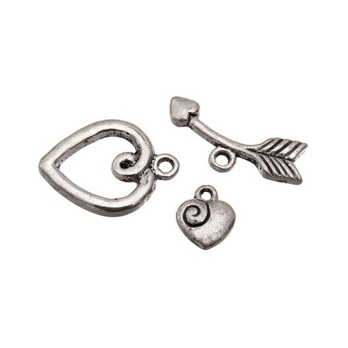 Fermoir toggle, fléche et coeur, set de 3 pièces, métal argenté (t81)