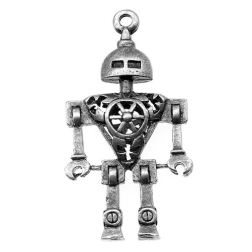Grand pendentif robot 3d, 45 x 25 mm, métal argenté, vendu à l'unité (1083)