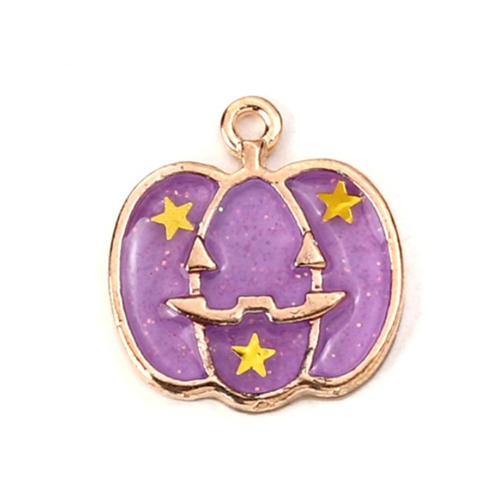 Breloque citrouille, violet et paillettes halloween, 20x19 mm, métal doré, vendu à l'unité (1085)