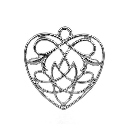 Breloque pendentif cœur, 31 x 30 mm, métal argenté, vendu à l'unité (1141)
