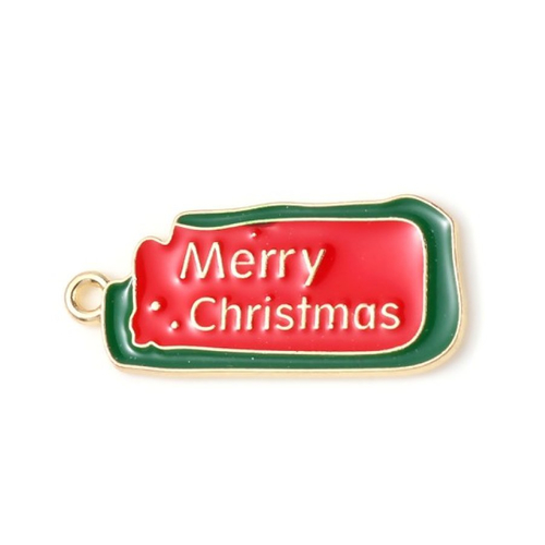 Breloque message mot étiquette merry christmas, 28 x 13 mm, métal doré et émail, vendu à l'unité (1143)
