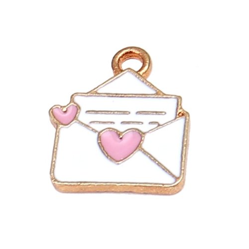 Breloque enveloppe lettre message cœur, 16 x 13 mm, métal doré et émail, vendu à l'unité (1153)