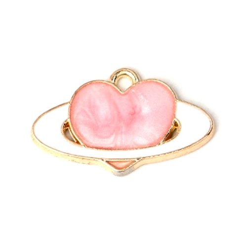 Breloque cœur galaxie planète, rose, 21 x 13 mm, métal doré et émail, vendu à l'unité (1154)