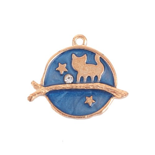 Breloque ronde bleue et strass, chat sous les étoiles, 26 x22 mm, métal doré et émail, vendu à l'unité (1168)