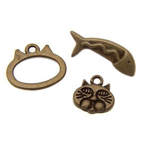 Set toggle 3 pièces chat et poisson, métal couleur bronze (t87)