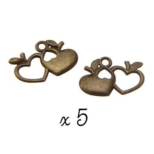 Breloque coeur pomme bronze, lot de 5, pendentif métal (772)