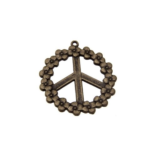 Breloque ronde symbole de paix, 41 x 37 mm, métal couleur bronze, vendu à l'unité (766)
